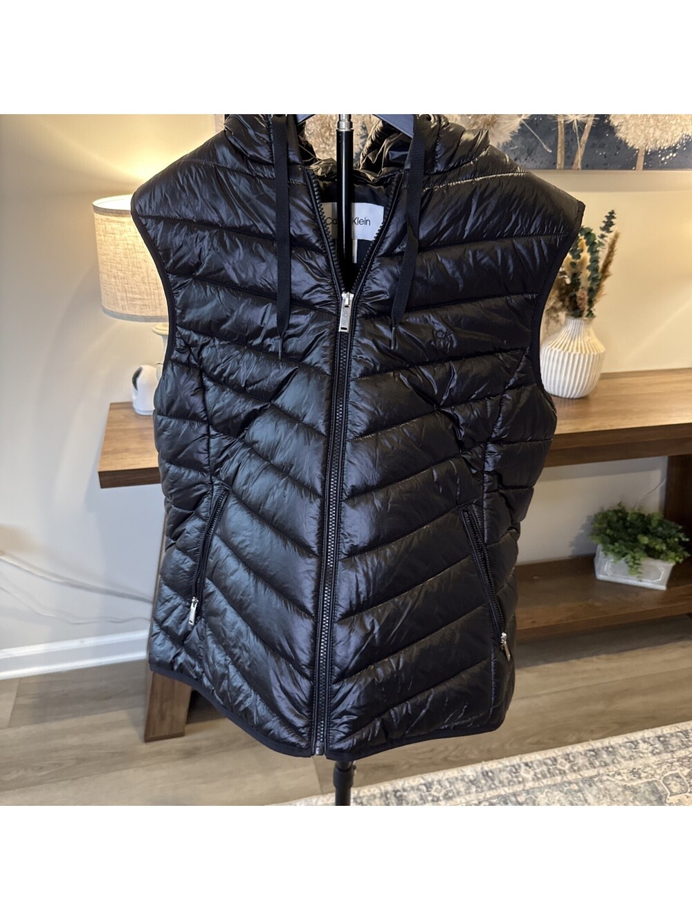 Calvin Klein Hooded Puffer Vest Black Full Zip Pockets